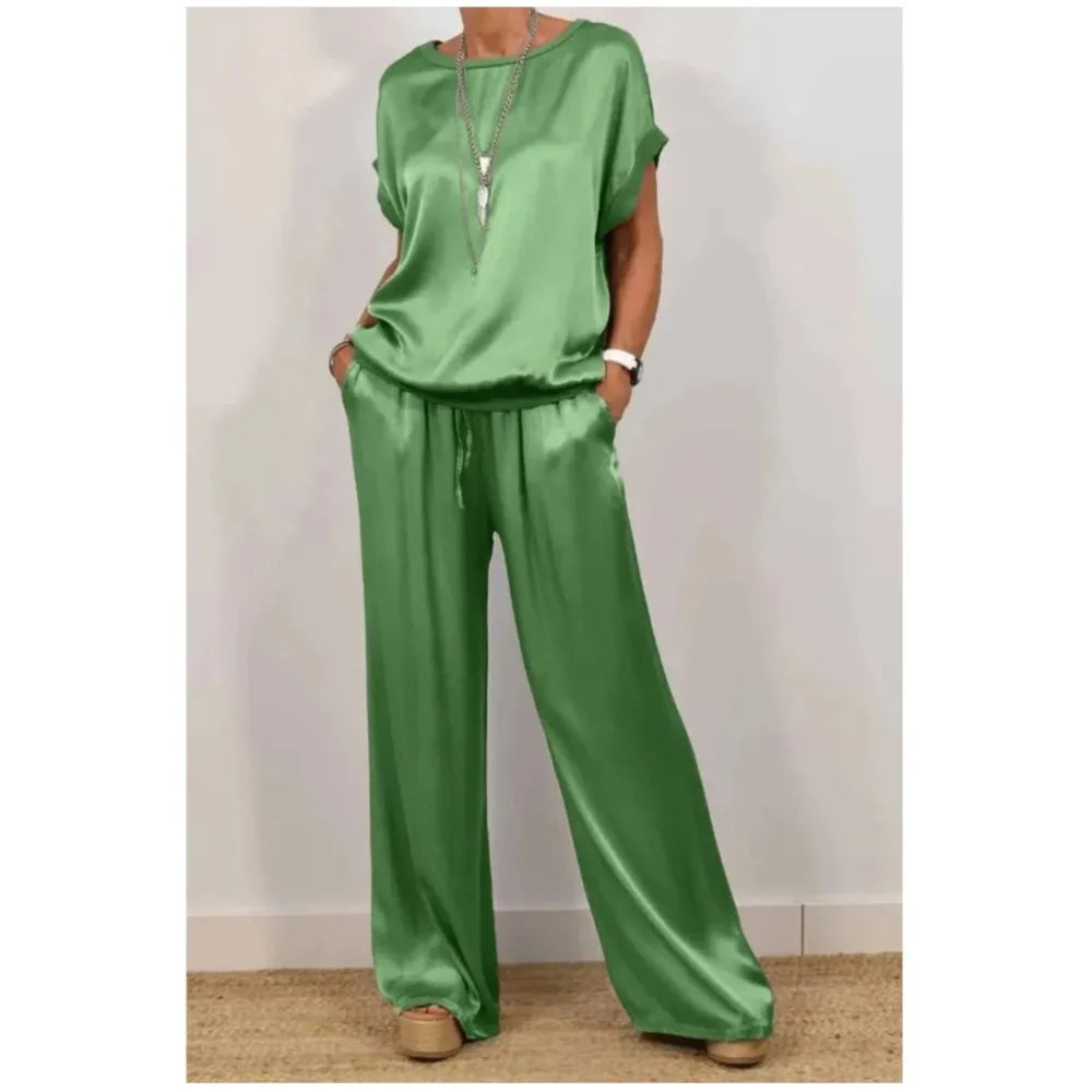 2-piece Set Fashion Satin O Neck T-shirt Top Trousers Summer Retro Elegant Casual Loose Wide-leg Pants Female Home Clothing Suit
