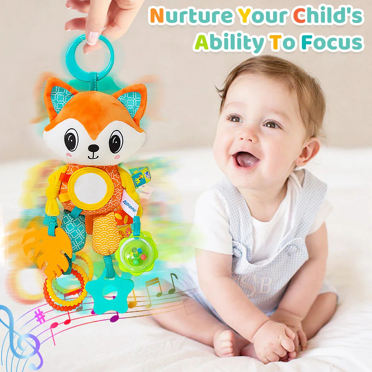 Soft Hanging Crinkle Squeaky Sensory LearningToy Stroller Car Seat Crib Travel Plush Animal Wind Chime with Teether Boys Girls