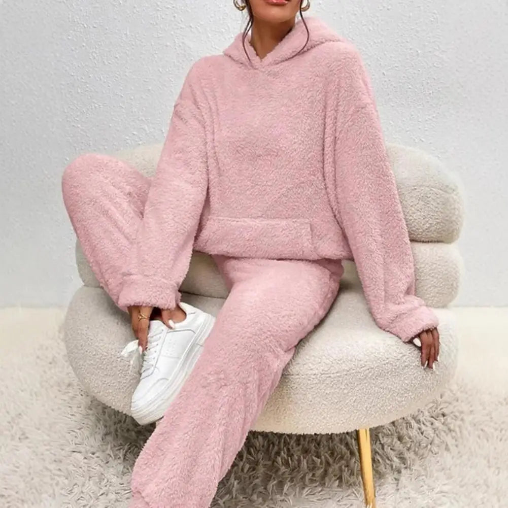 Women's Fuzzy Fleece Pajamas Set Winter Plush Pullover Hoodies And Pants Lounge Set Fluffy 2 Piece Sleepwear