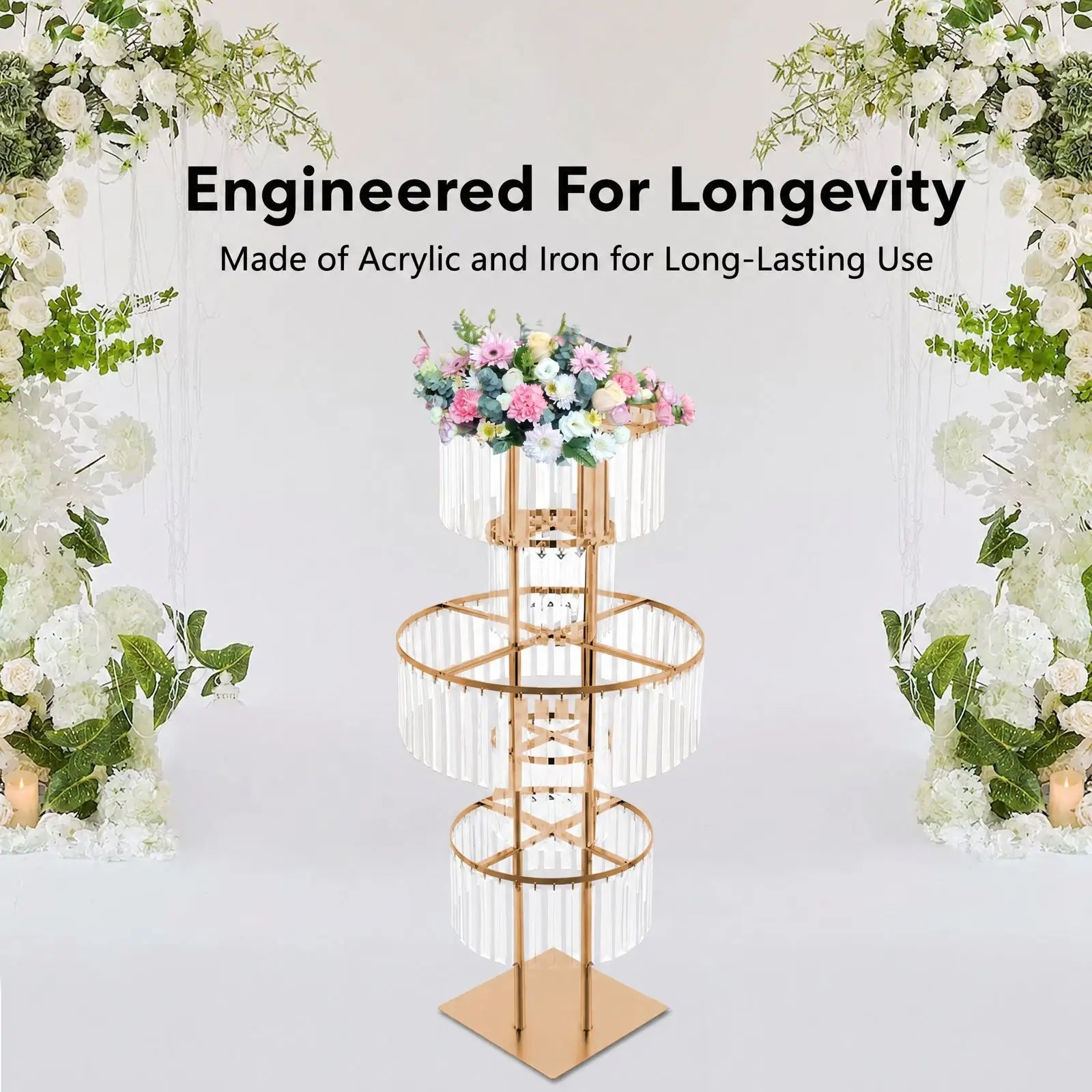 5 Tiers Gold/Silver Wedding Centerpieces Flower Stand Vase Centerpiece Acrylic Flower Stand with Hanging Acrylic