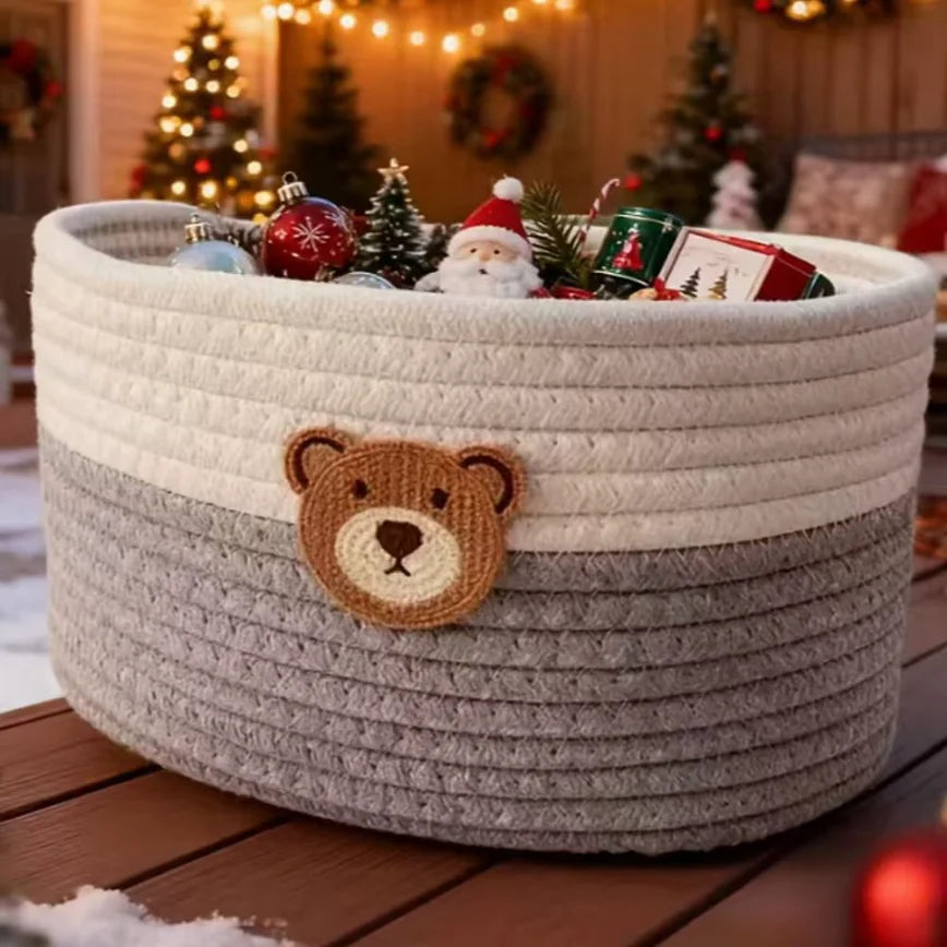 Cute Bear Fabric Storage Basket Woven Organizer Bin for Toys Clothes Home Bedroom Living Room Decorative Storage