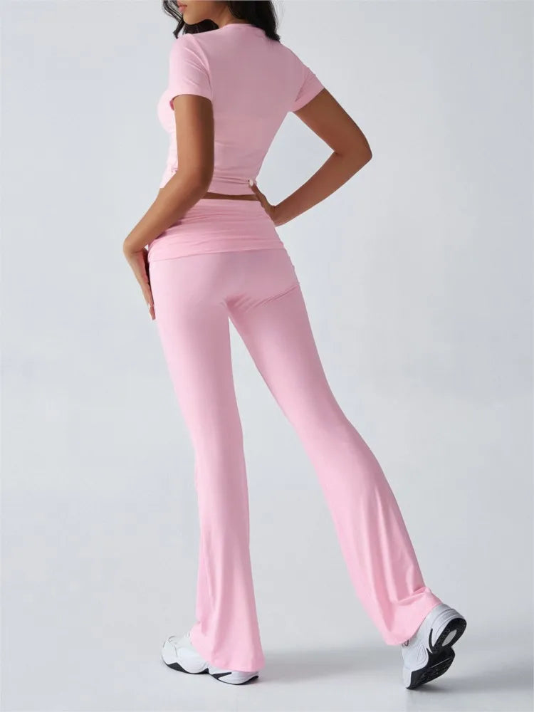 Women Casual Bodycon Two Pieces Set Short Sleeve Crop Top Slim High Waist Running Tracksuit Suit Summer Pants Outfit 2PCS