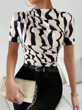 Women Short Sleeve Pleated T-shirt Summer Casual Slim Fit Mock Neck Ruched Tee Top Streetwear