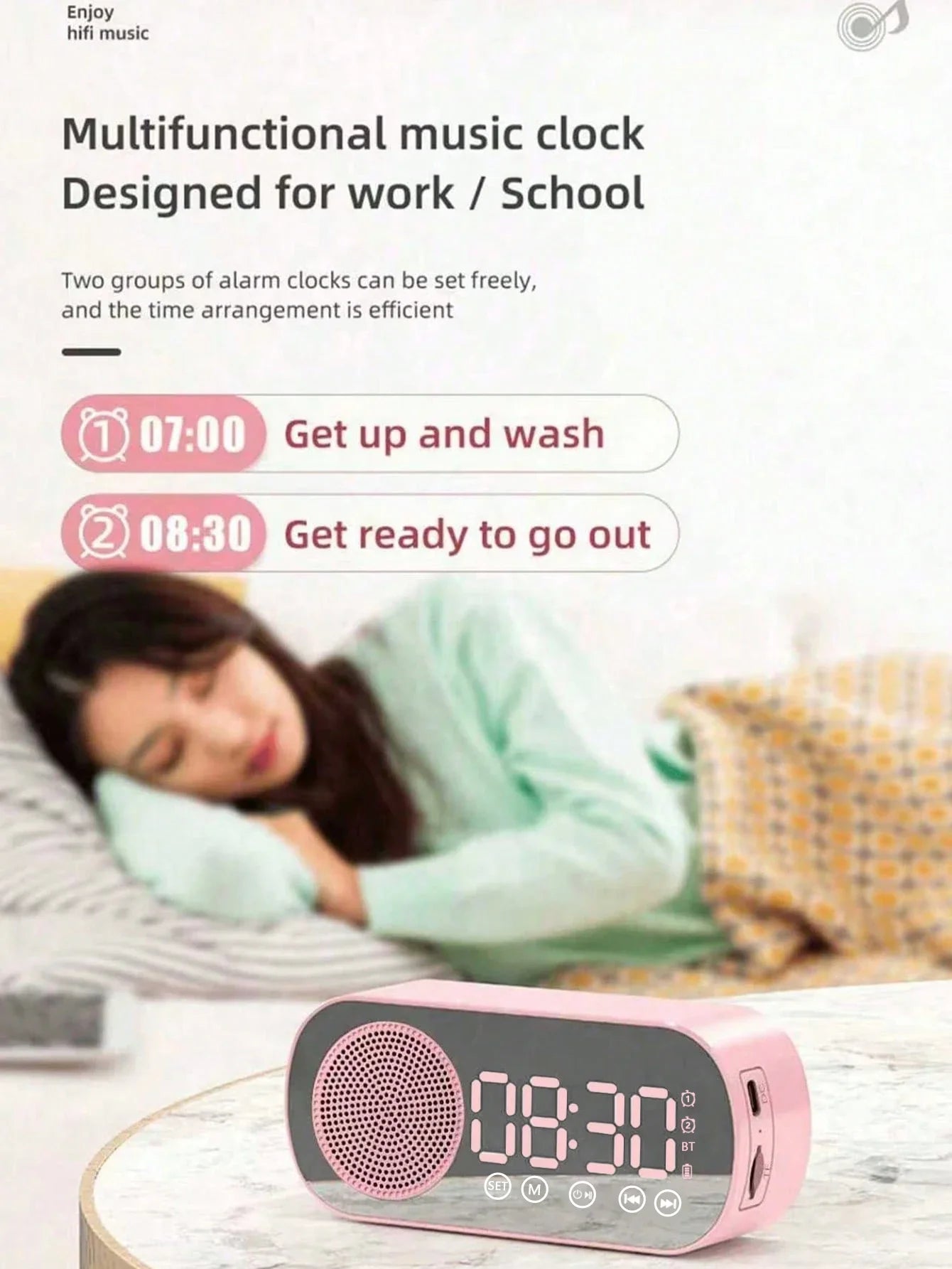 Bluetooth Speaker, Mirror-Faced Clock Alarm Clock Smart Speaker, Bass-Heavy FM Card Insertable Small Speaker