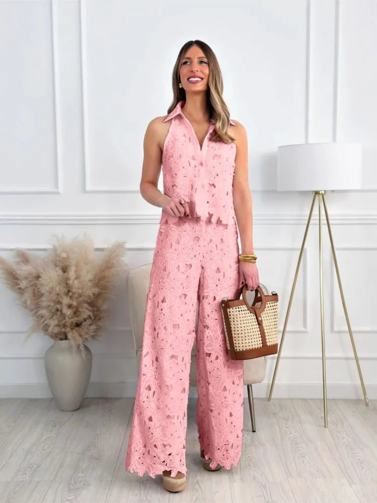 Fashion Lace Embroidered Cardigan Vest Tops + Wide-leg Trousers 2-piece Summer New Chic Elegant Women OfficeLong Pants Suit 2025