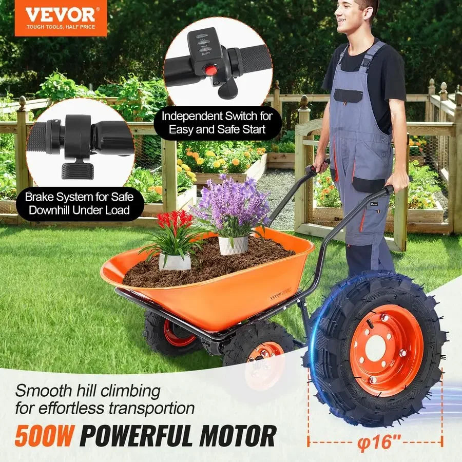 XMSJ Electric Wheelbarrow Cart 500W Garden Dump Wagon