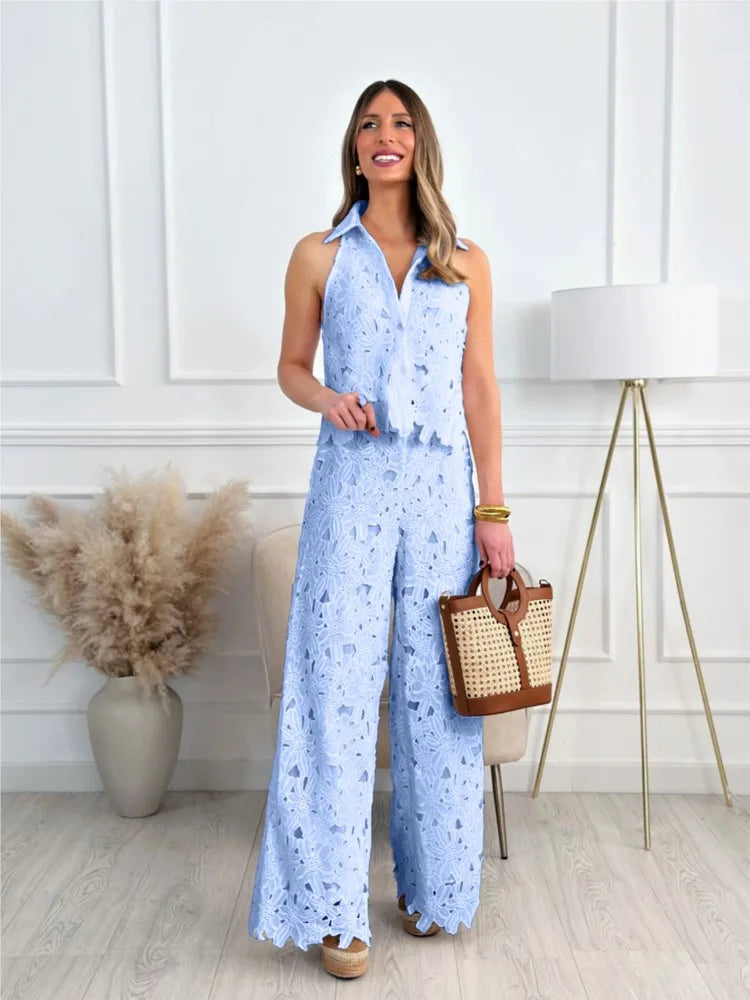 Fashion Lace Embroidered Cardigan Vest Tops + Wide-leg Trousers 2-piece Summer New Chic Elegant Women OfficeLong Pants Suit 2025