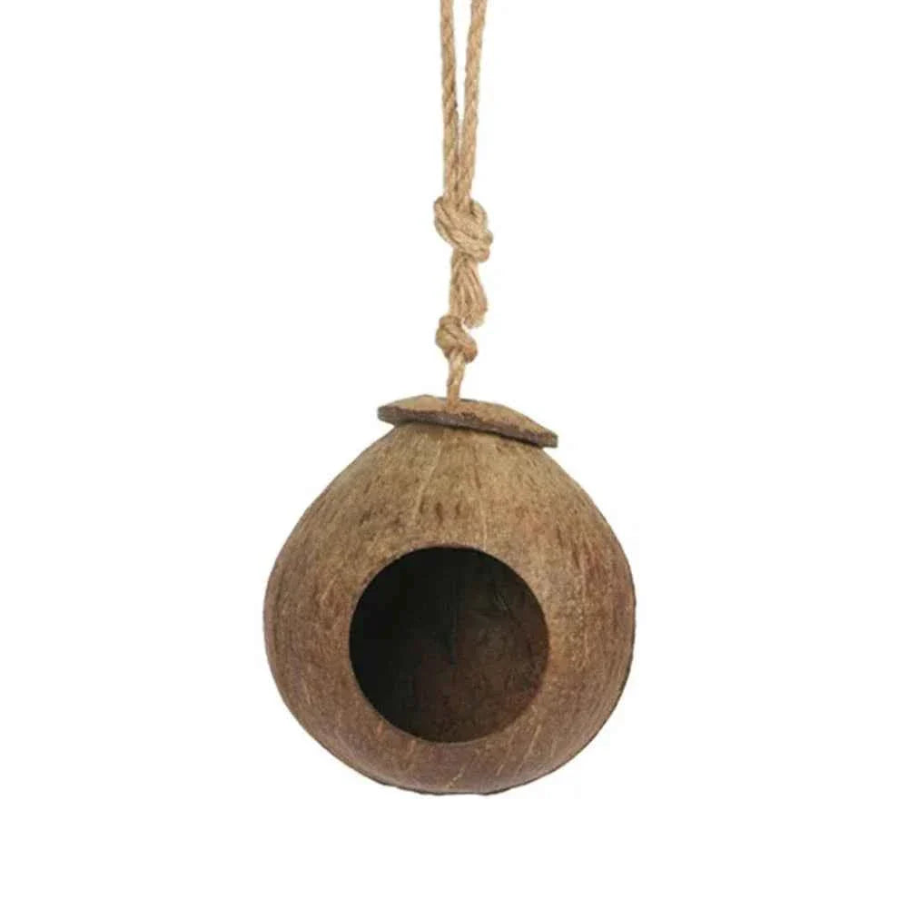 Coconut Bird Nest Hut With Ladder Hanging,Hanging Coconut Bird House Parrot Hideout Bird Cage For Lovebird Pigeons Pet Supplies