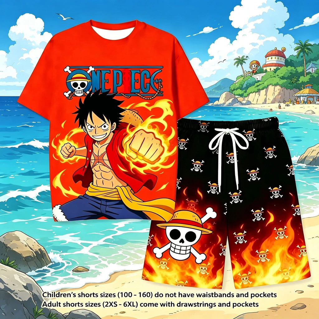One Piece Luffy Anime Printed Short Sleeve T Shirt And Shorts Set Unisex For Children And Adults Stylish Home Sleepwear Suit