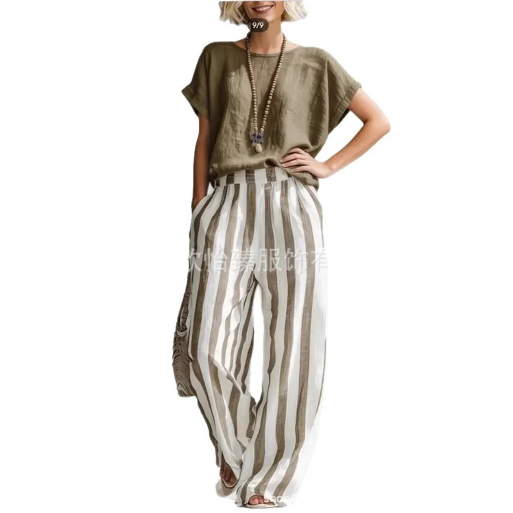 Fashion Linen Printed Striped Trousers Short-sleeved Women 2piece Set Summer New Retro Loose Wide-leg Trousers Female Casual Set