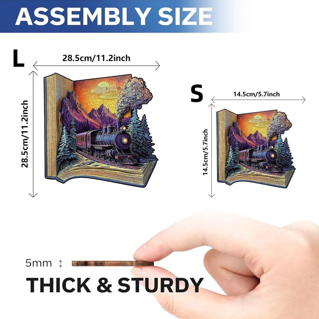 Wooden Puzzle for Adults -The train in the book Puzzle, Unique Shape Wooden Jigsaw Puzzles, Modern Art Home Decor
