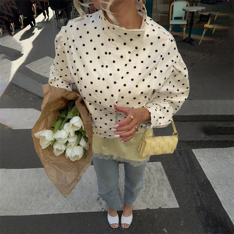 TARUXY Fashion Polka Dot Print Jacket Coat Women's Stand Collar Long Sleeved Workwear Coat Ins Hot Short Casual Female Jackets