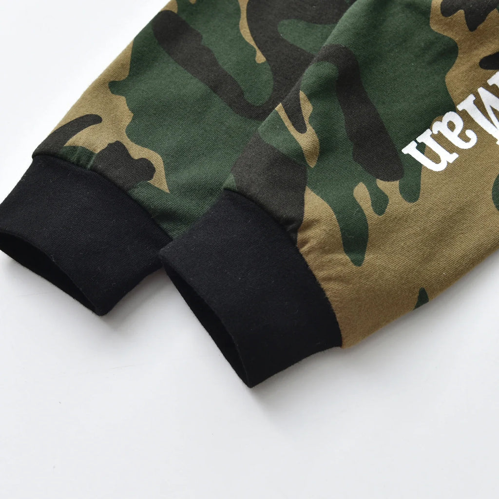 Newborn Baby Boy Clothes Long Sleeves Letter Print Romper Camouflage Long Pants Hat 3pcs Outfits Set