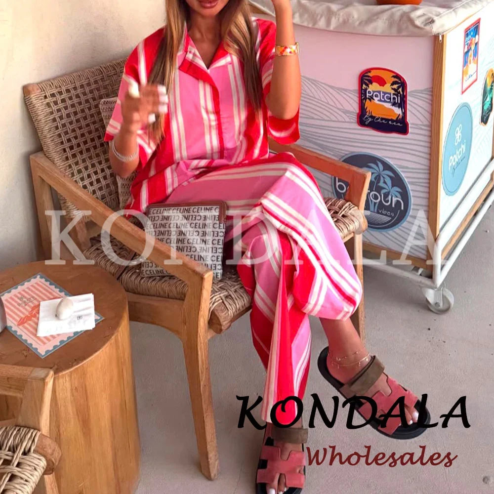KONDALA Chic Women Striped Casual Suit Single Breasted Straight Shirt+Elastic Waist Long Pants Fashion 2026 Elegant Mujer Suit