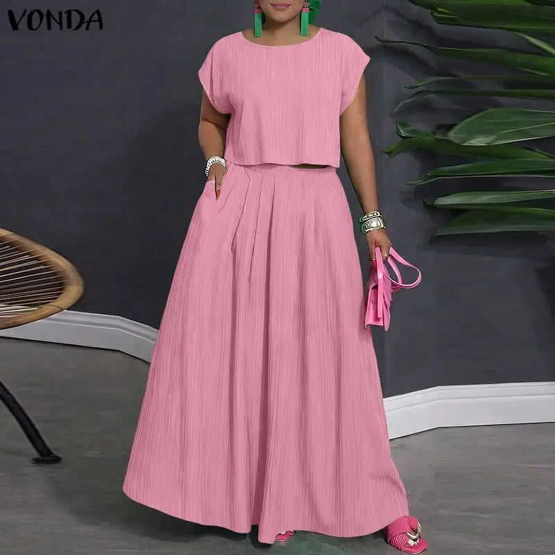 VONDA Women Plus Size Sets Elegant 2PCS Solid Color Two-piece Outfits Short Sleeve Summer Tops Long Skirts Streetwear Dress Sets