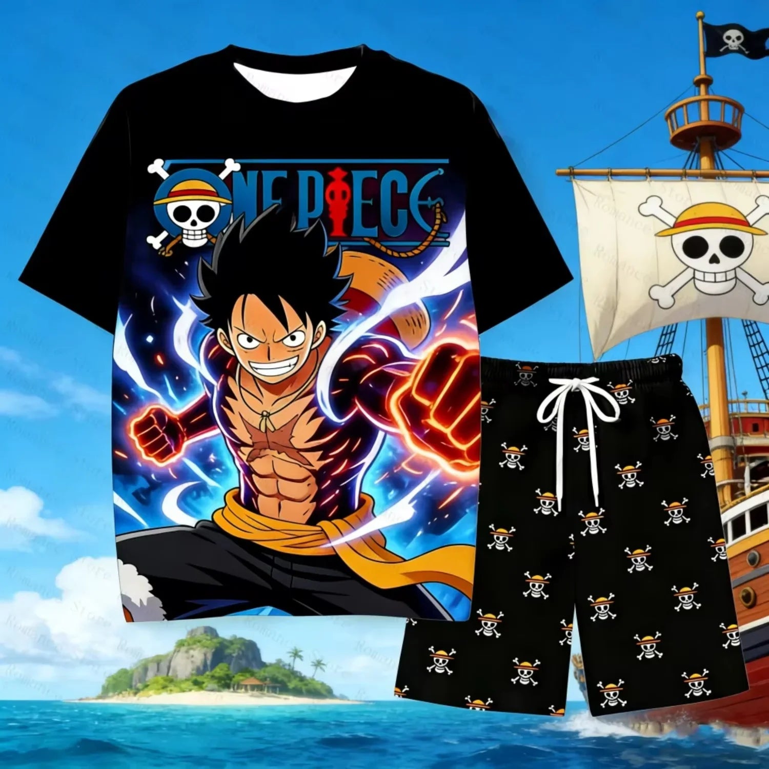 One Piece Luffy Anime Printed Short Sleeve T Shirt And Shorts Set Unisex For Children And Adults Stylish Home Sleepwear Suit