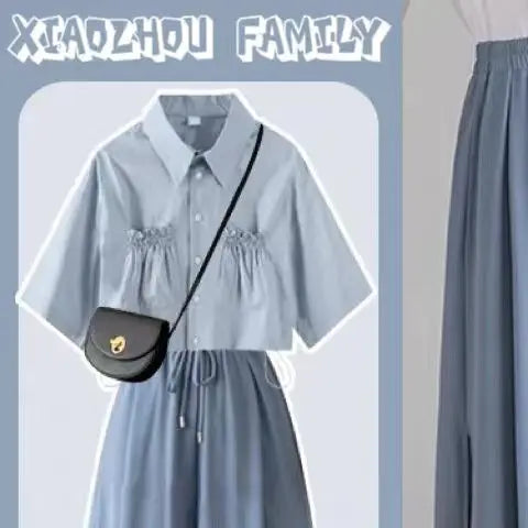 Summer Pantskirt Set for Female Korean Style Loose Short Sleeve Shirt+Casual Wide Leg Pants Fashion Two Piece Sets Women Outfits
