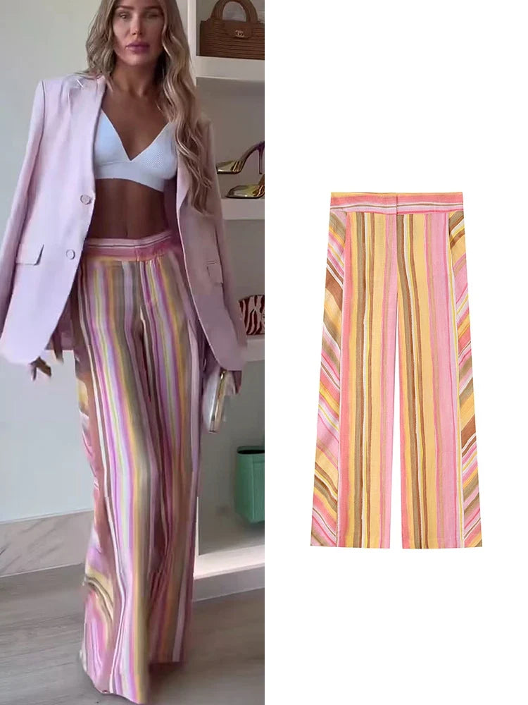 TFMLN New Women Pant Sweet Striped Straight Colorful Multicolor Wide Leg Long Pants Casual Fashion Streetwear Ladies Outfit