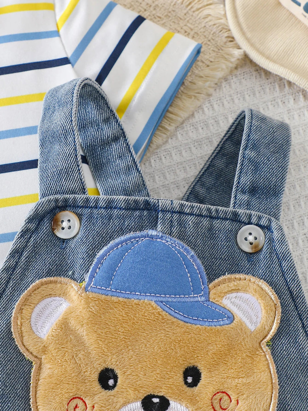 Baby Boy Striped Short-Sleeved T-Shirt + Bear Denim Overalls Shorts Set, Cute Summer Two-Piece Set, Soft and Breathable Childlike Outfit