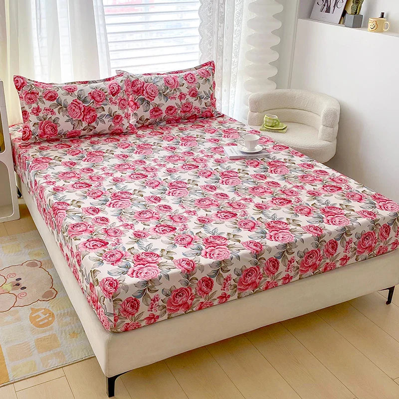 Red Flower Printed Bed Sheet Sets Queen/King Size sabanas cama matrimonial Reactive Printed Fitted Bedsheets for Double Bed