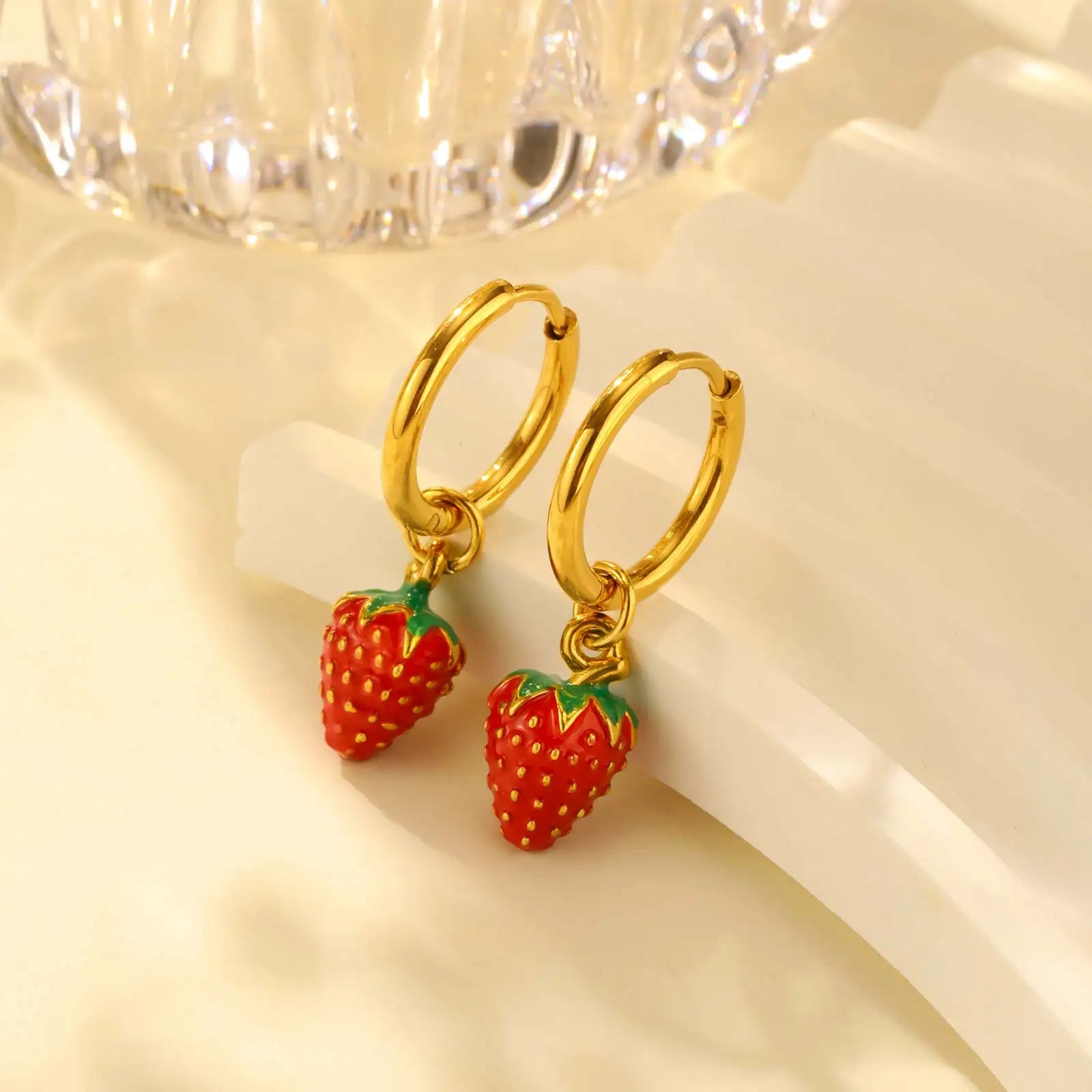 Women's Strawberry Drop Hoop Earrings | Cute Gold Plated Jewelry for Girls