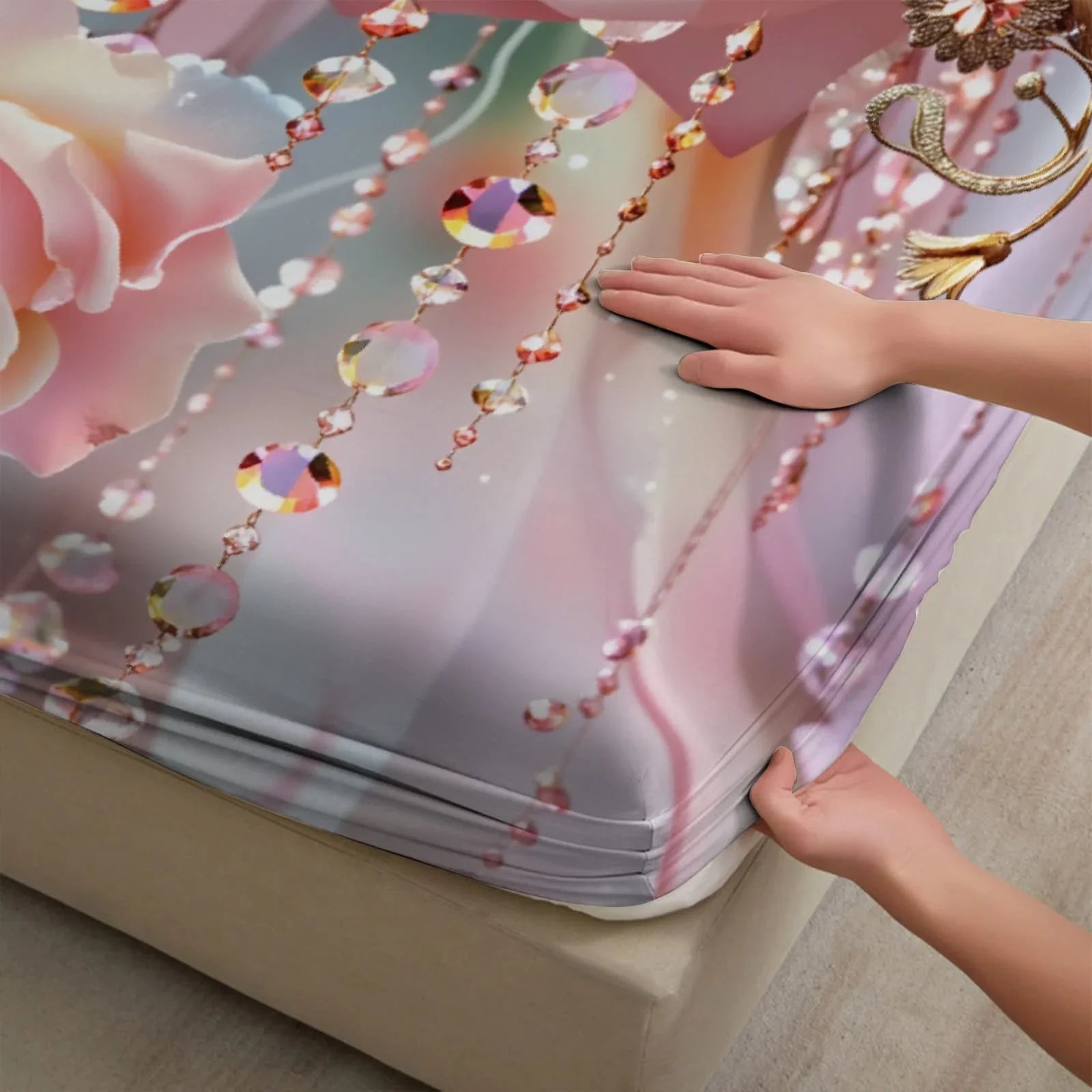 1pc 3D Pink Roses with Crystal Bead Print Fitted Sheet Deep Pocket Elastic Mattress Cover Single Double Queen King Bedroom Decor