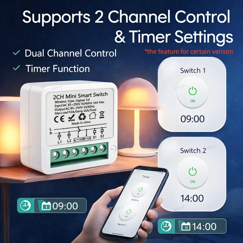 Zigbee Mini Switch Module 1CH/2CH Optional 10A/16A Smart Home Relay Automation Breaker For Tuya Smart Life Z2M Alexa Google Home