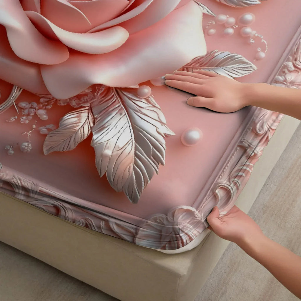 1pc 3D Embossed Pink Rose Print Fitted Sheet Deep Pocket Elastic