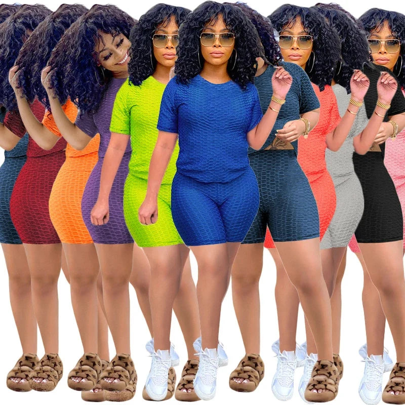 2024 New Summer Round-neck Solid Color Short-sleeved Two-piece Yoga Shorts Women's Sports Suit