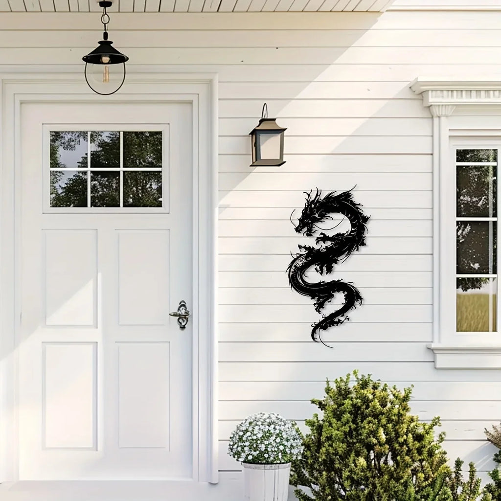1pc Oriental Dragon Metal Wall Sculpture - 15.75x8.19 Inch Art Deco Iron Wall Art, Black Dragon Design for Home, Patio