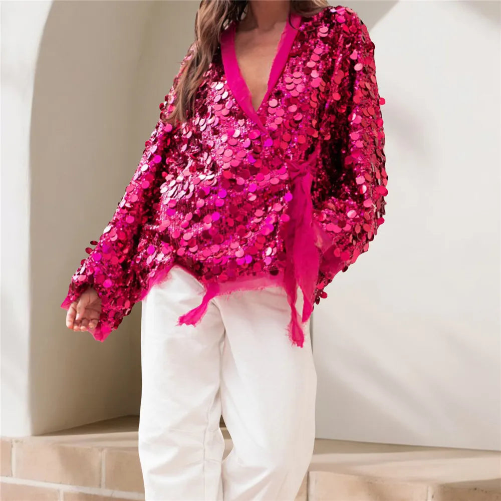 Shiny Sequin Cardigan for Women Trendy V Neck Front Wrap Tie Long Sleeve Coat Ladies Fashionable Sparkling Pullover Tops Punk