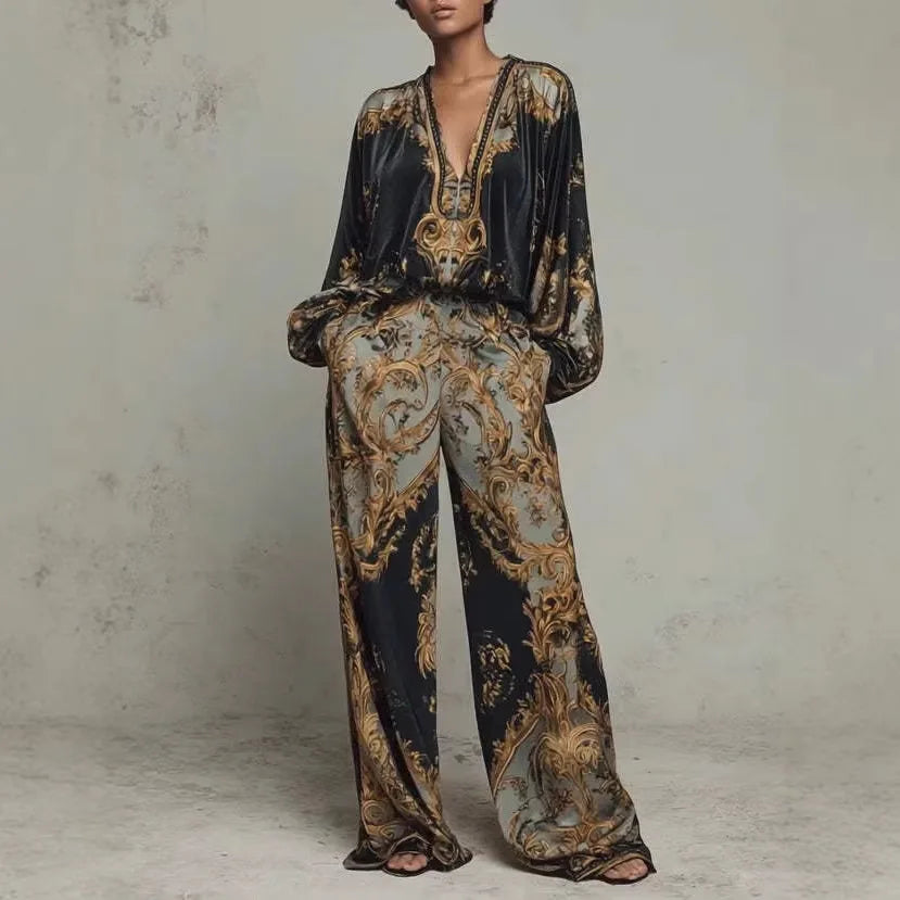Vintage Printed Two-piece Set Women's Fashion V-neck Loose Long Sleeved Top+Wide Leg Pants Suit Streetwear Muslim Women Clothing