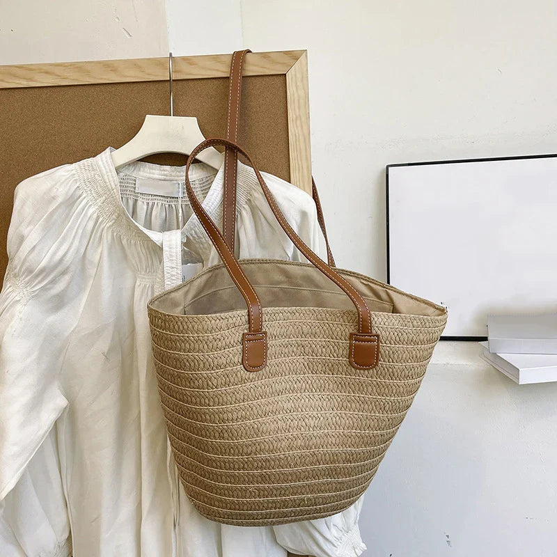 Women Braided Basket Clutches Top-handle Bag Large Straw Portable Shoulder Bag Summer Beach Party Purses Shopper Satchel Female