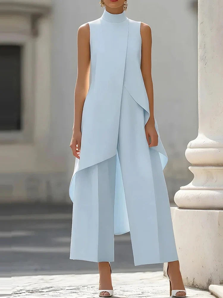 Simple Solid Color Irregular Summer Two Piece Female Stand Collar Sleeveless Top and Pants Office Suit High Street Casual Outfit