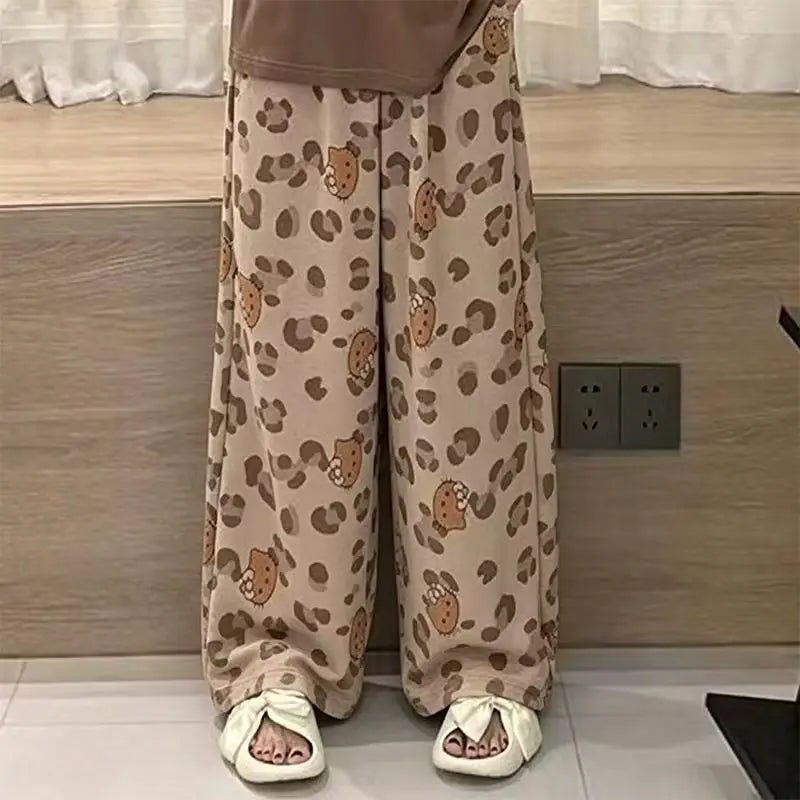Cartoon Hello Kitty Spring Summer Leopard Print Wide Leg Pajama Pants Soft Casual for Women Loungewear Long Or Short Options