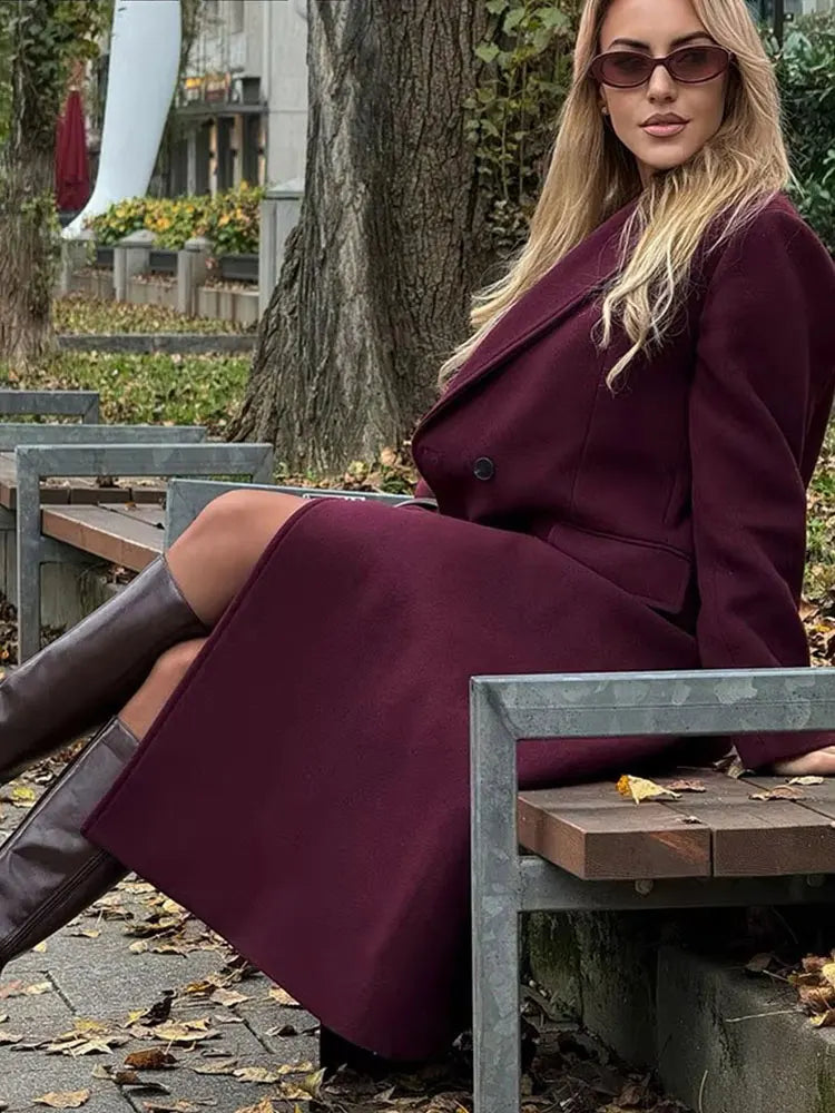 HH Women Fashion Burgundy Coat Double Breasted Long Sleeve Lapel Blends Jacket Autumn Winter High Street Outerwear