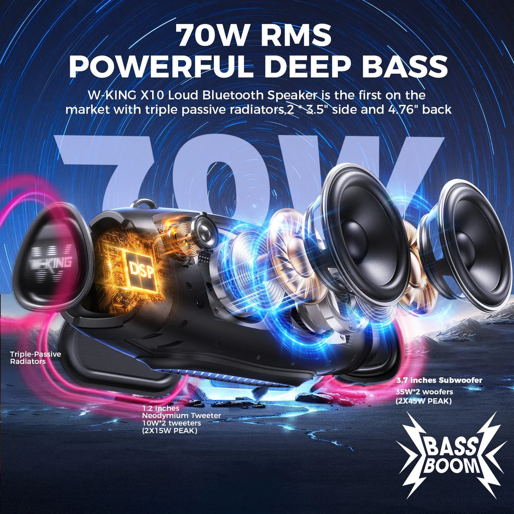 W-King 70W Portable Bluetooth Speaker With Wireless Microphone Waterproof
