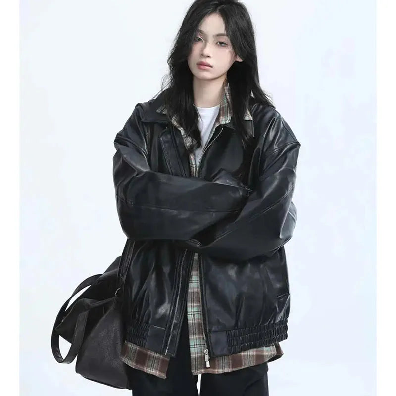 Retro Ladies Fashion Zipper Faux Leather Jacket Spring Autumn Women Long Sleeves Leather Coat 2025 Female PU Leather Outwear
