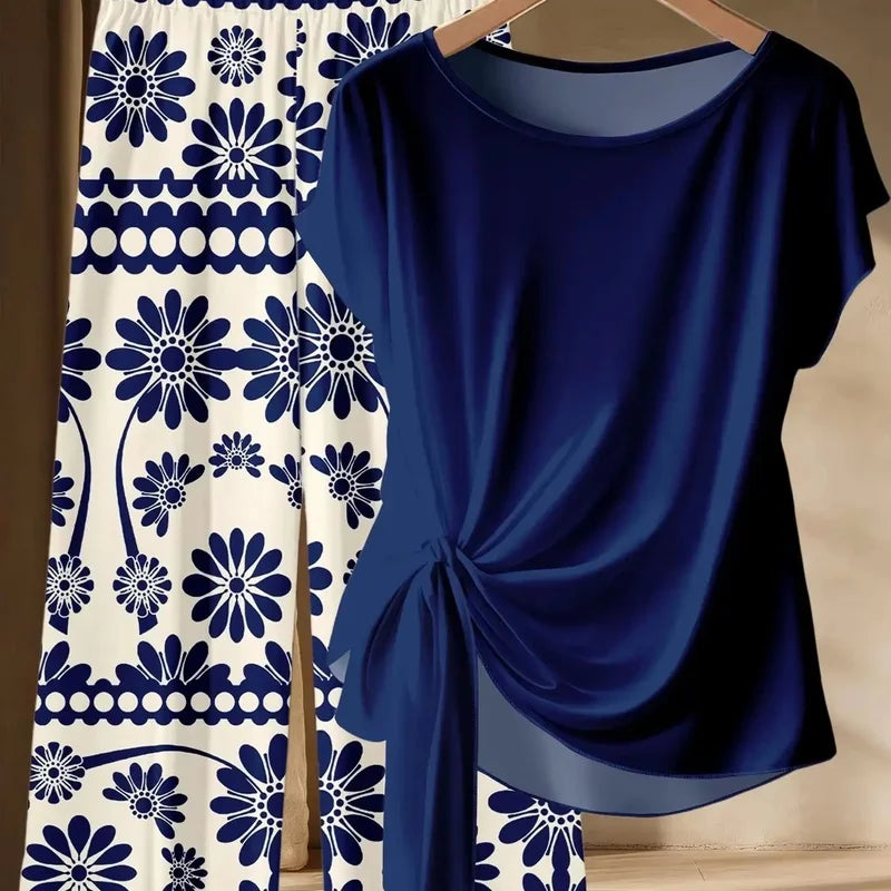 Summer Women's plus Size Casual Loose Two-Piece Set Solid Color Twisted T-Shirt with Blue White Printed Wide Leg Pants