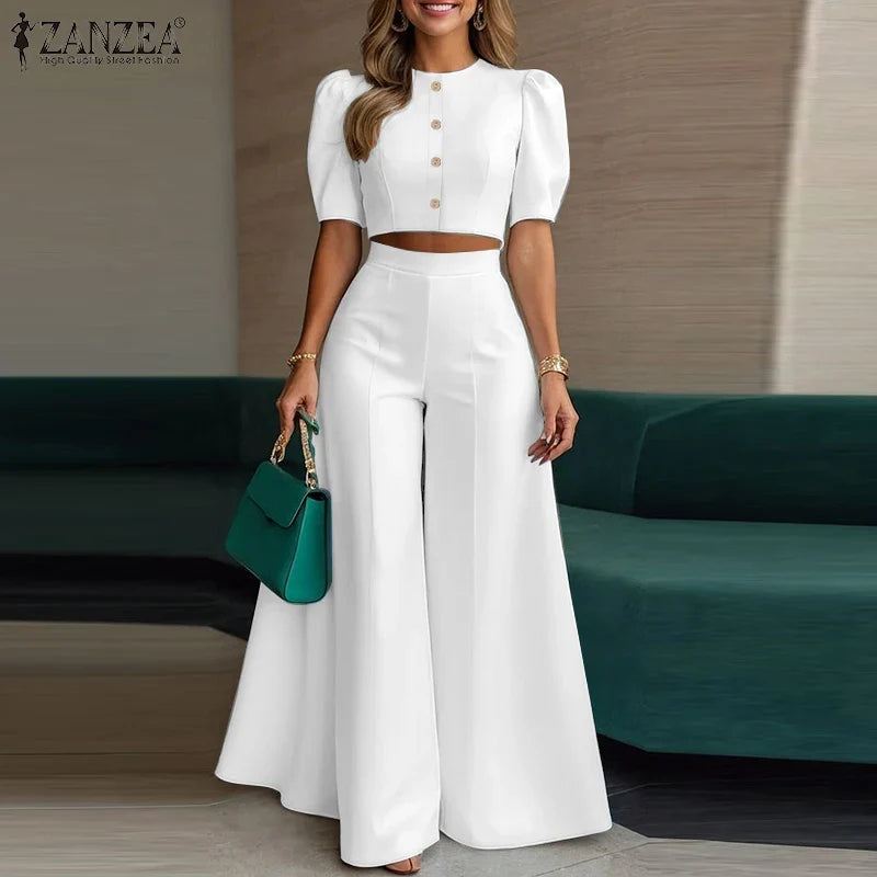 ZANZEA Plus Size 5XL Women 2-Piece Pant Sets Puff Sleeve Crop Top & Wide Leg Pant Matching Sets Elegant Chic Streetwear Co-ords