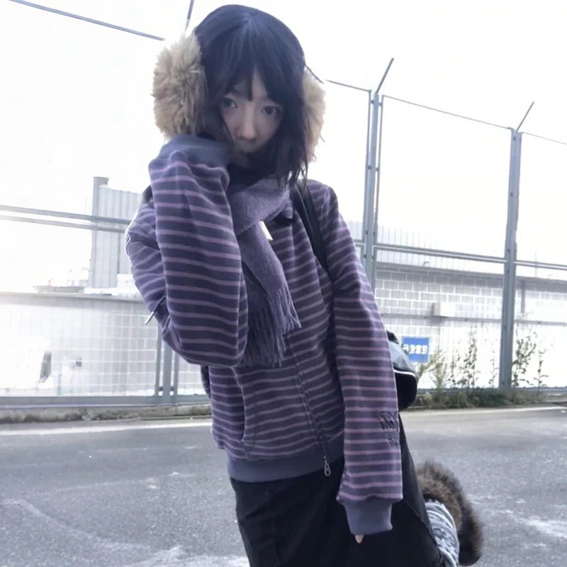 Karrram Japanese Y2k Purple Striped Cardigan 2000s Style Turtleneck Knitted Jacket Vintage Harajuku Zipper Knitwear Korean 90s