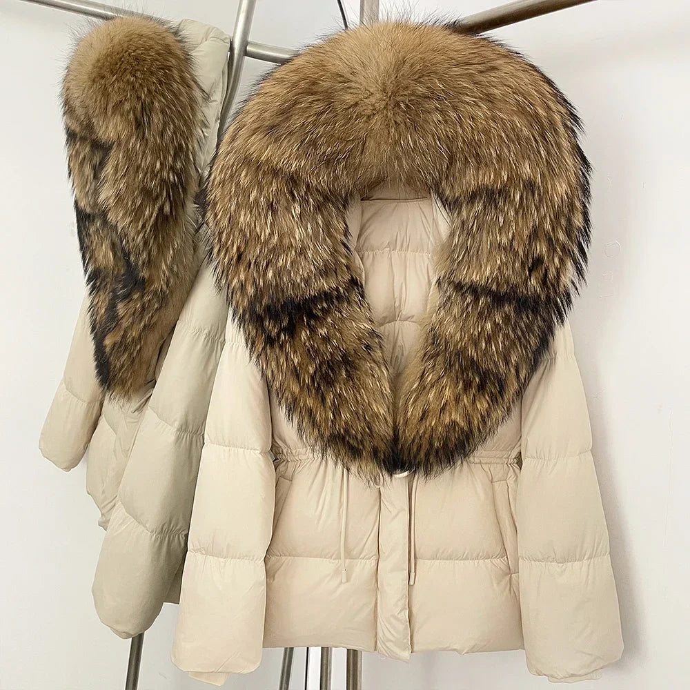 Reality Fur Jacket Real Fur Collar Duck Down Coat Female Winter Hooded Warm Fox Fur Coat Women Natural Raccoon Fur Puffer Jacket