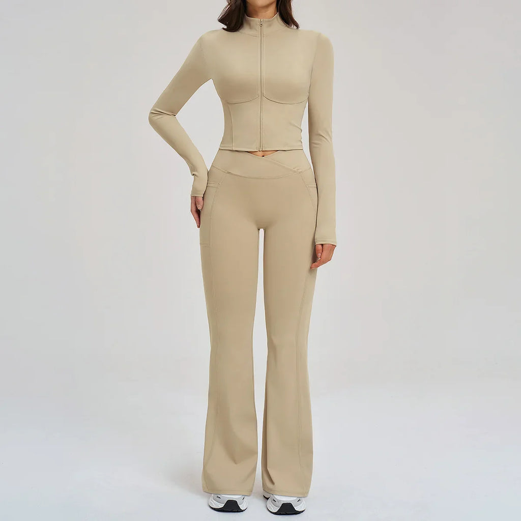 2PCS Yoga Set Gym Clothes Sportswear Seamless Women Fitness Long Sleeved Tracksuits Sports Workout Gym Flared Leggings Athletic