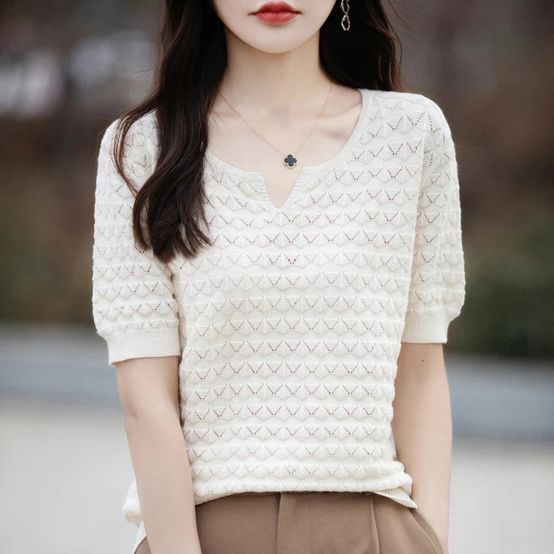 Women's T-shirt Summer New 100% Pure Cotton Tees Casual Solid Knitted Short sleeved V-neck Pullover Loose Tops Fashion Sweater