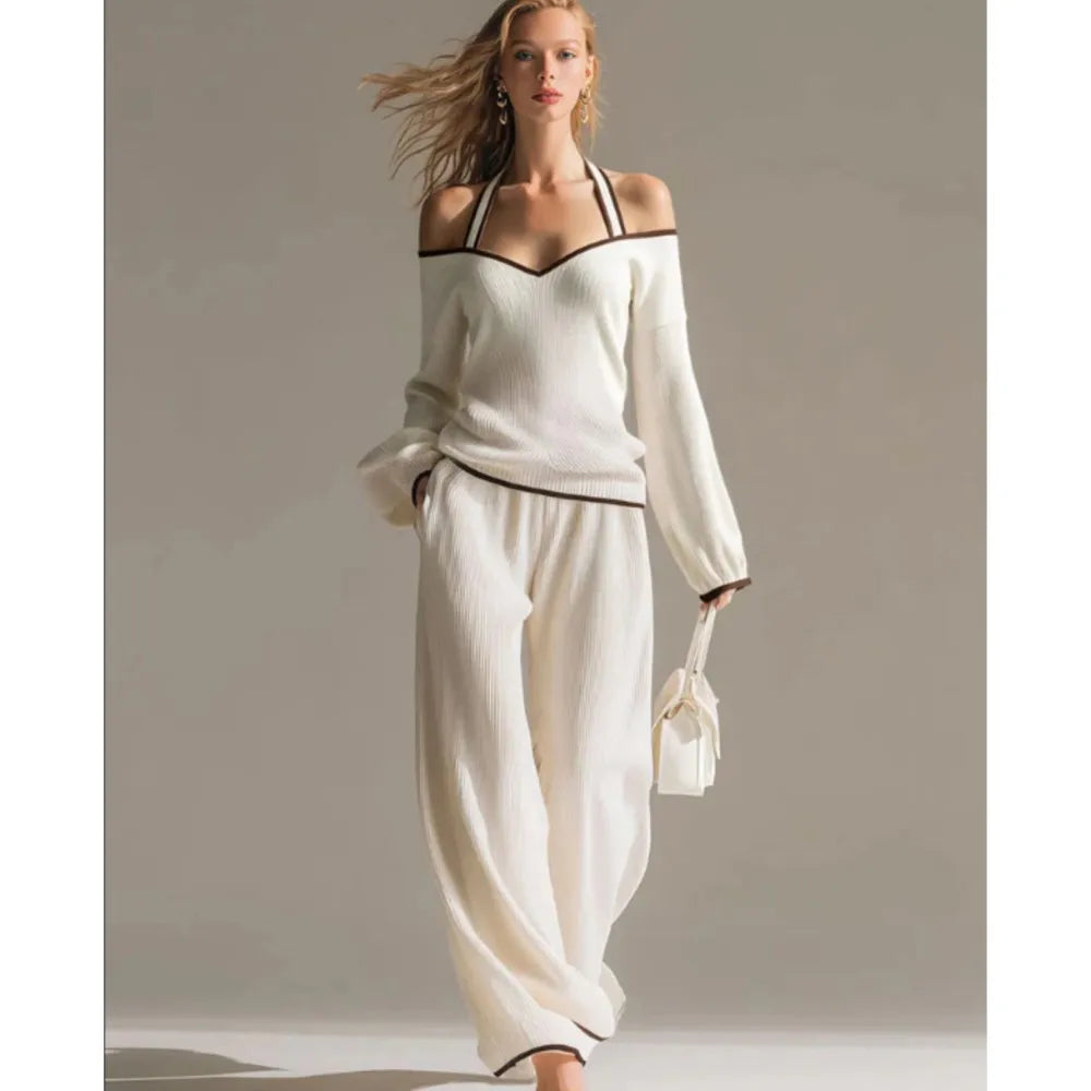 Women Sexy Off-shoulder Long-sleeved T-shirt Trousers 2piece Set Fashion Loose Elegant Color-blocked Pocket Trousers Female Suit