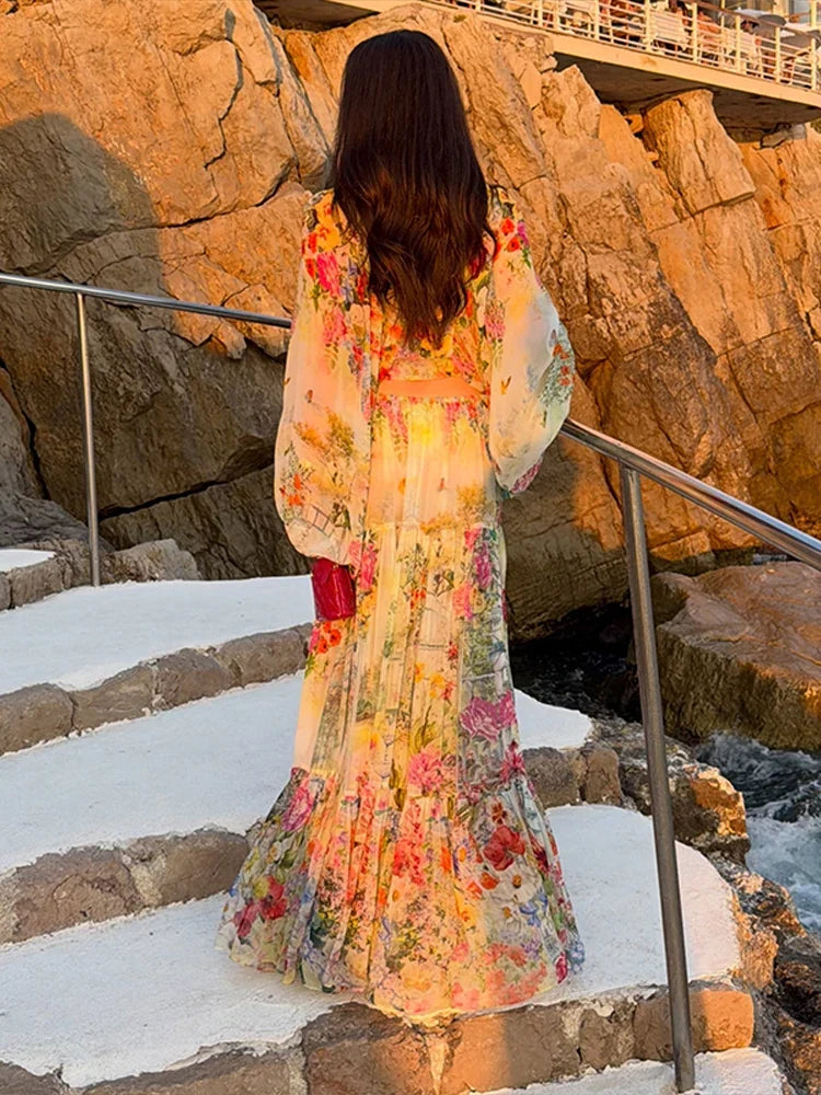 Bohemian Floral Matching Set V Neck Tie Front Crop Top Elastic Waist Tiered Ruffle Maxi Skirt Vacation 2 Piece Outfit 2026 Beach