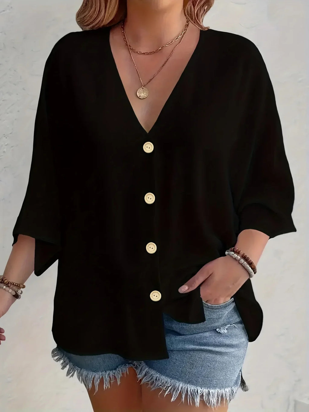 Plus-size Women's T-shirt Solid Color Breathable Spring/summer V-neck Button Travel Casual Wear with European and American Style