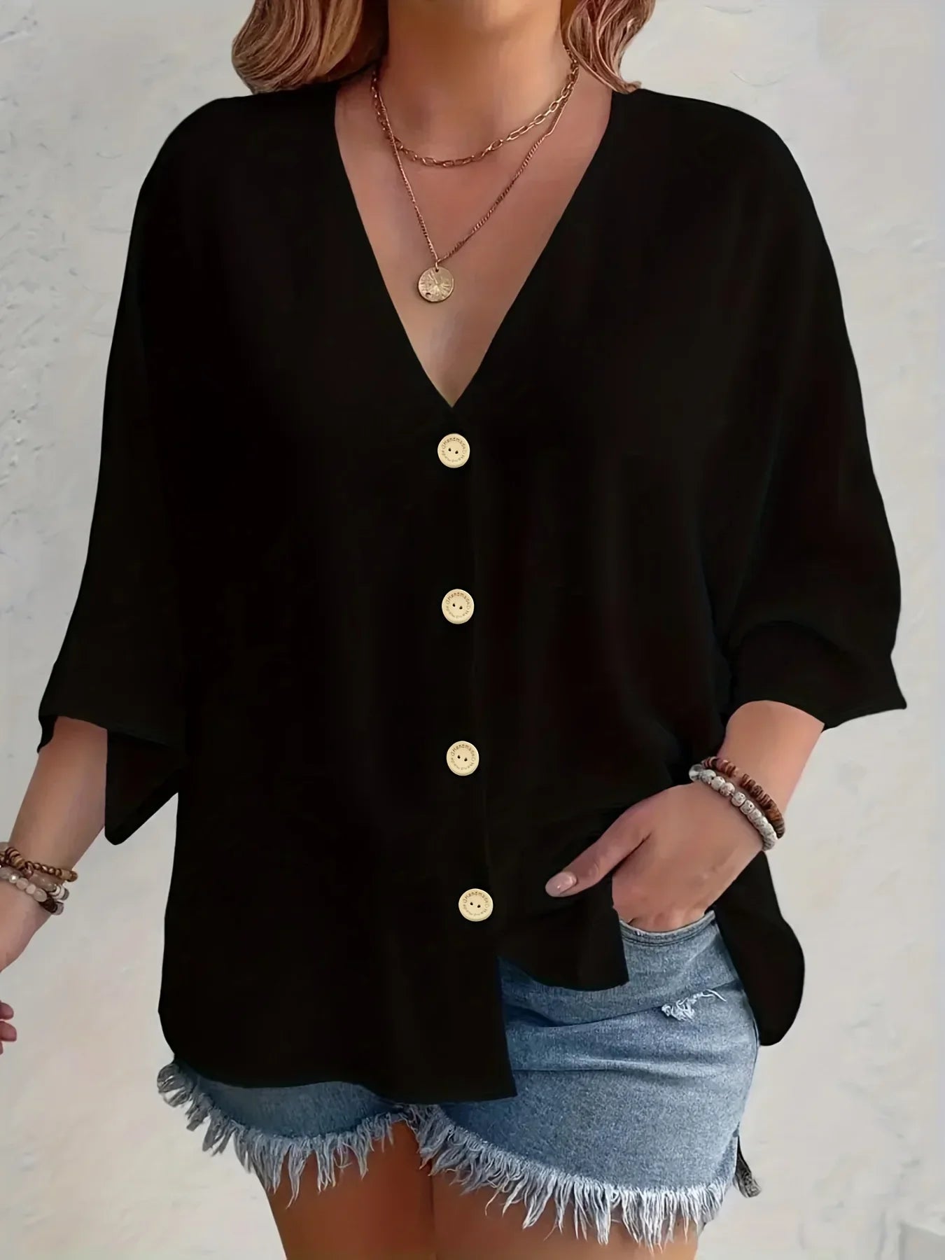 Plus-size Women's T-shirt Solid Color Breathable Spring/summer V-neck Button Travel Casual Wear with European and American Style