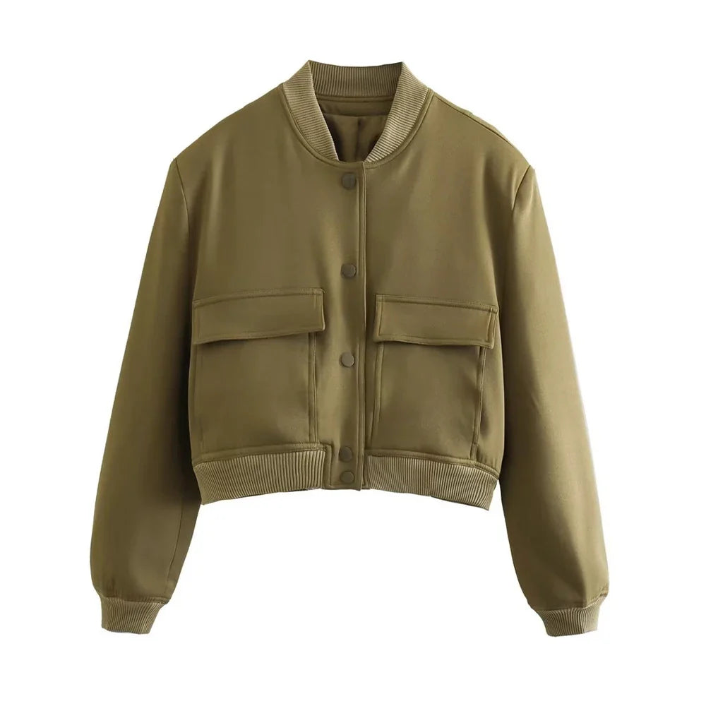 Women Fashion With Pockets Bomber Jacket Coats Vintage Long Sleeve Front Button Casual Female Outerwear Chic Tops