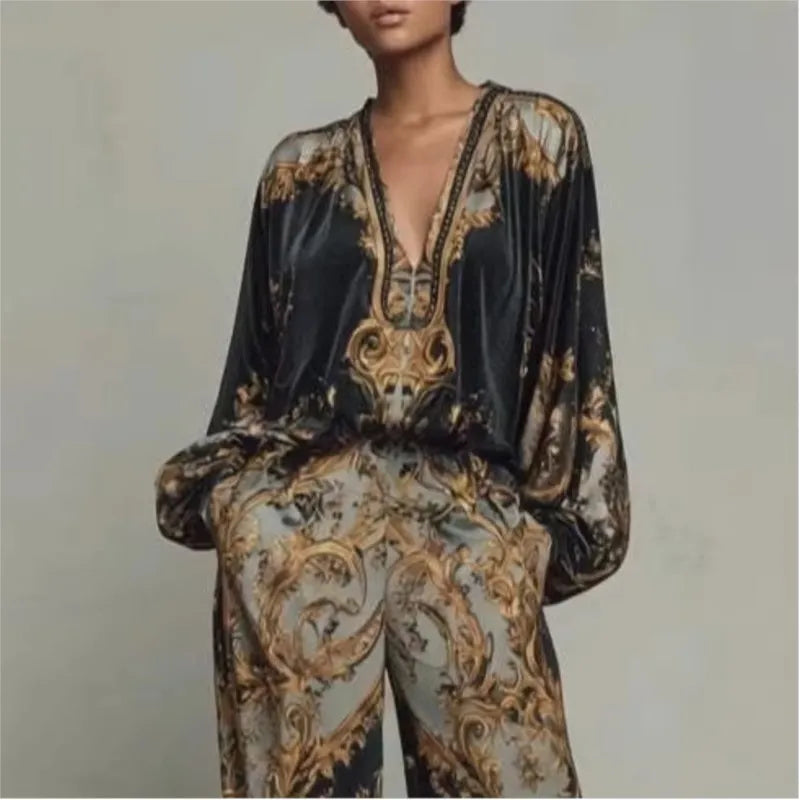 Vintage Printed Two-piece Set Women's Fashion V-neck Loose Long Sleeved Top+Wide Leg Pants Suit Streetwear Muslim Women Clothing